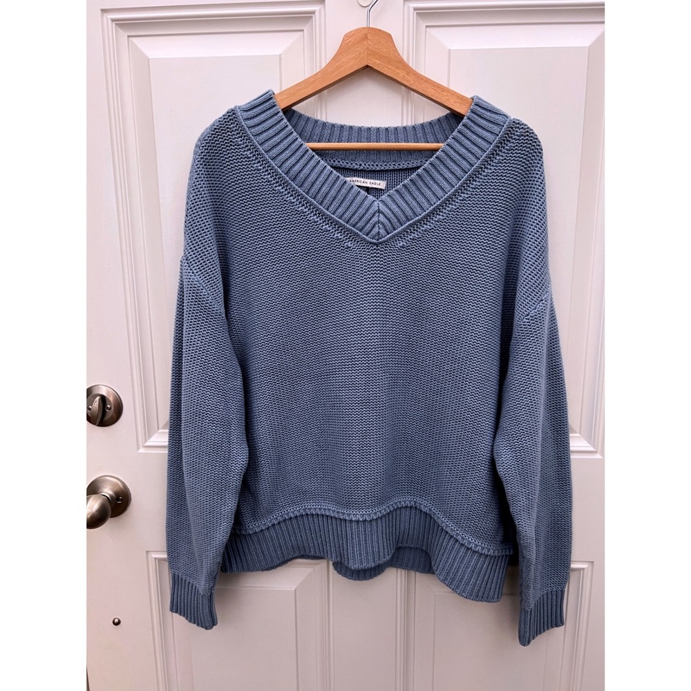 American Eagle Blue V-Neck Cotton Shaker Knit Sweater Small Women Long Sleeve